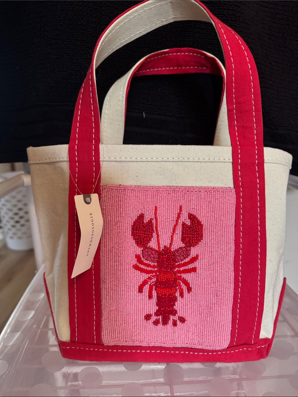 Anthropologie Pink & Red beaded  Lobster Canvas Tote Bag